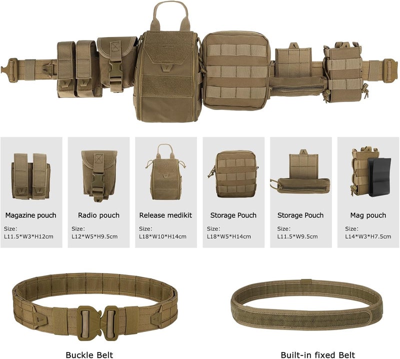 PIKEON Tactical Belt Battle Law Enforcement Molle Airsoft Duty Belt Quick-Release with Pouches 8 in 1 (Tan) - Image 2